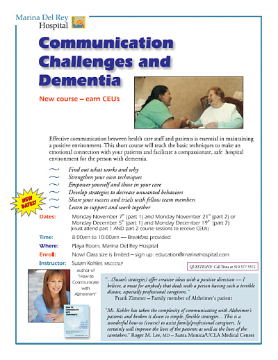 Susan Kohler is delivering two CEU-accredited courses covering Communication Challenges and Dementia